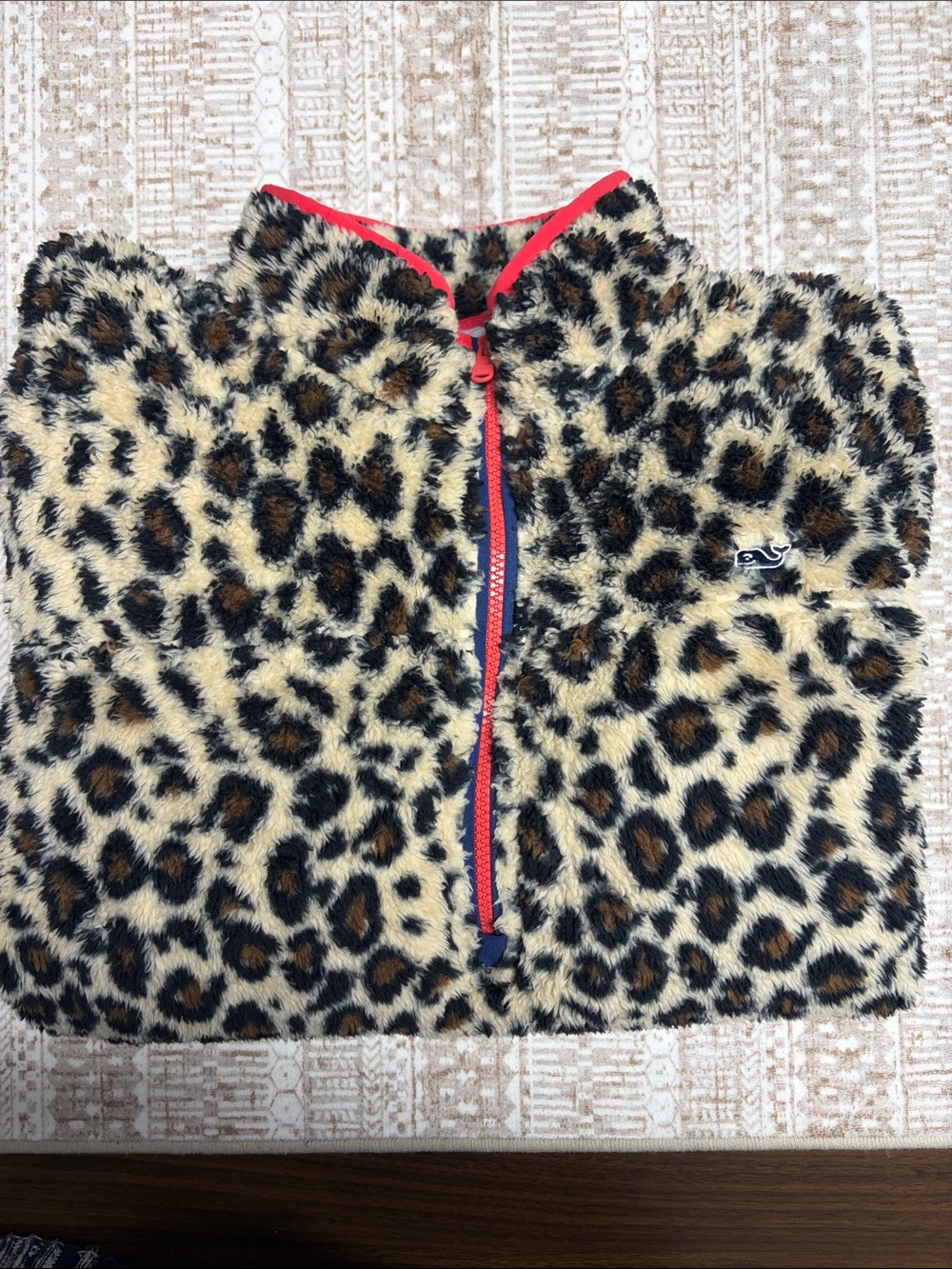 Vineyard Vines Leopard Sherpa Half-Zip with Coral Trim